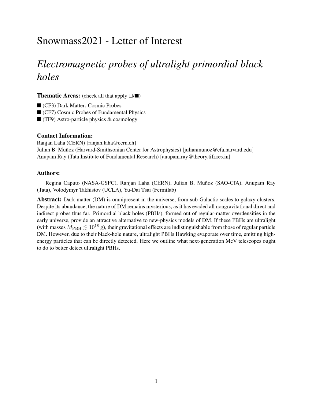 Letter of Interest Electromagnetic Probes of Ultralight Primordial Black