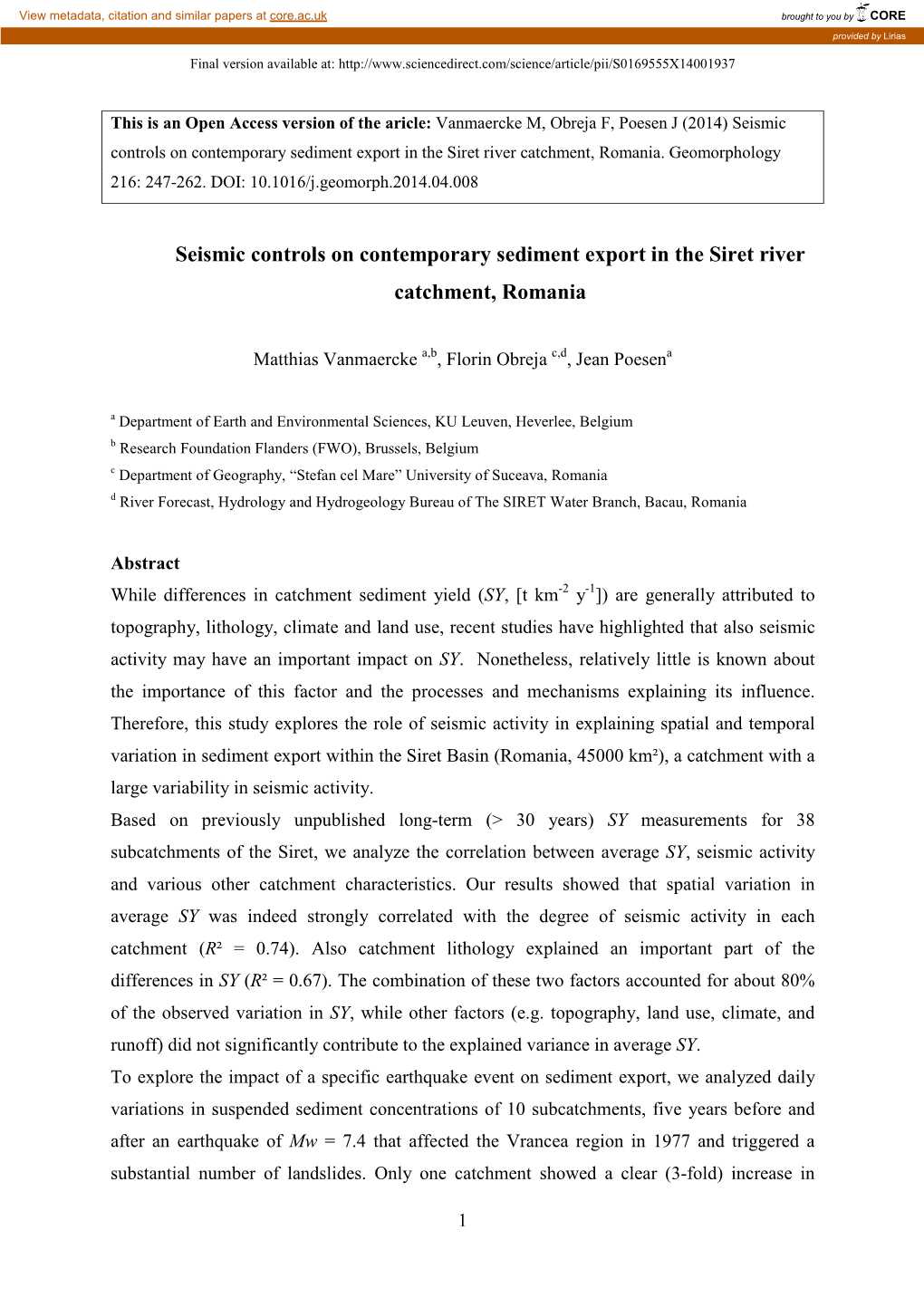 Seismic Controls on Contemporary Sediment Export in the Siret River Catchment, Romania