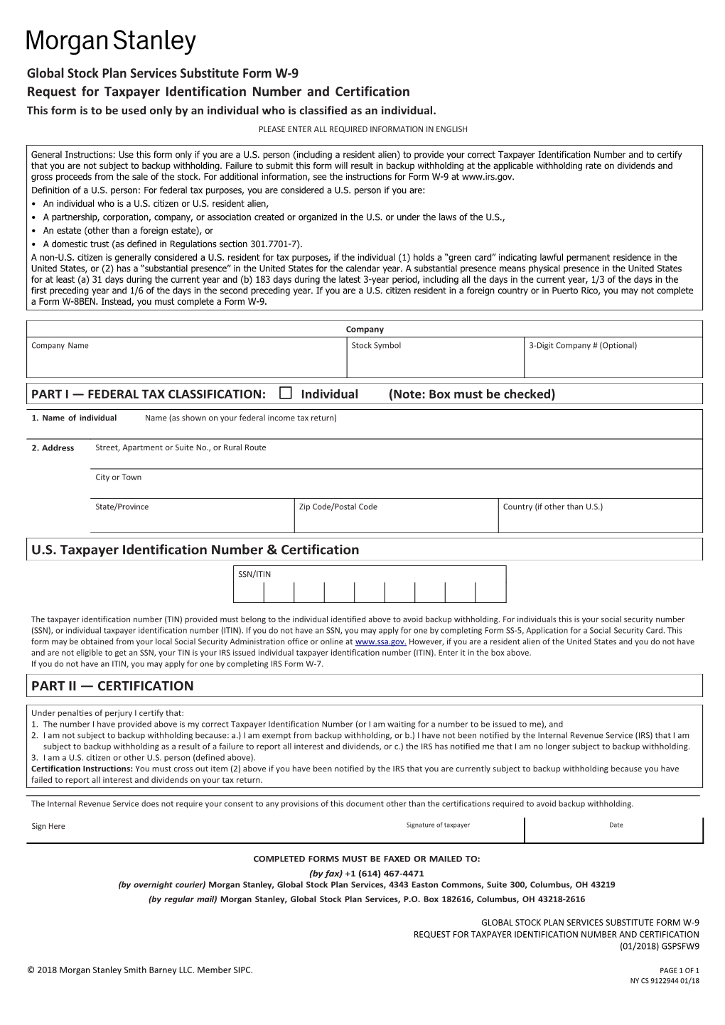 Global Stock Plan Services Substitute Form W-9