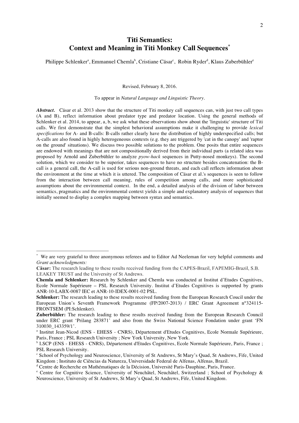 Titi Semantics: Context and Meaning in Titi Monkey Call Sequences*