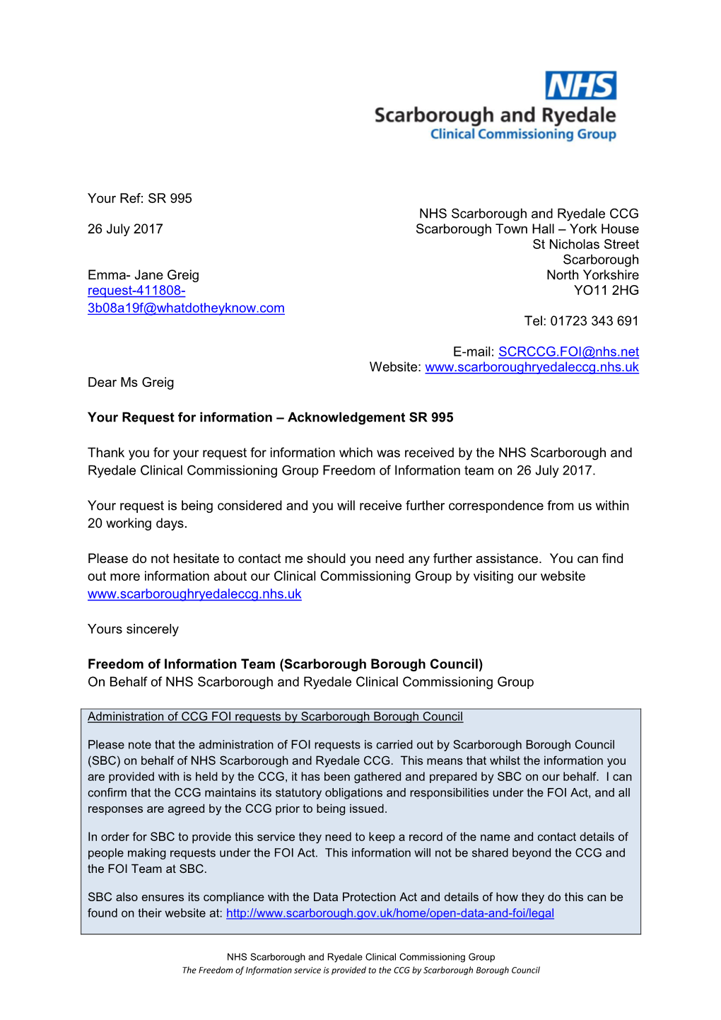 SR 995 NHS Scarborough and Ryedale CCG Scarborough Town