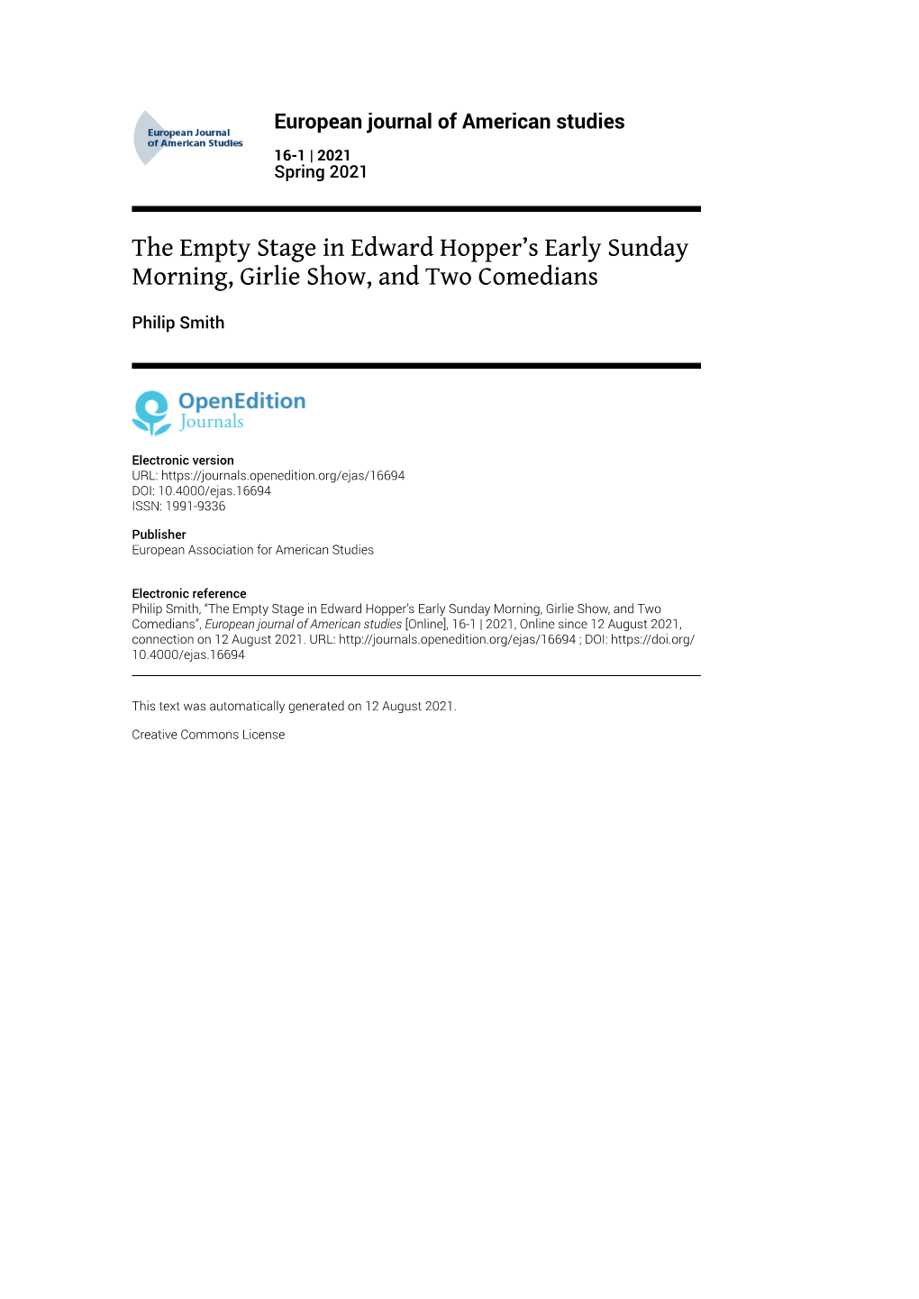 European Journal of American Studies, 16-1 | 2021 the Empty Stage in Edward Hopper’S Early Sunday Morning, Girlie Show, and Two