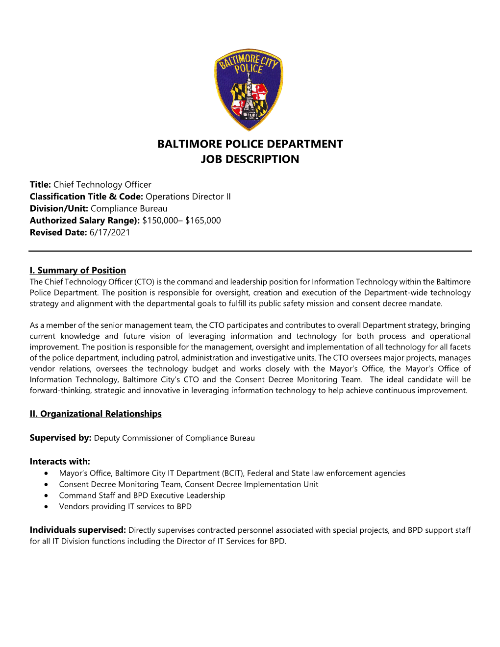 Chief Technology Officer- Baltimore Police Department