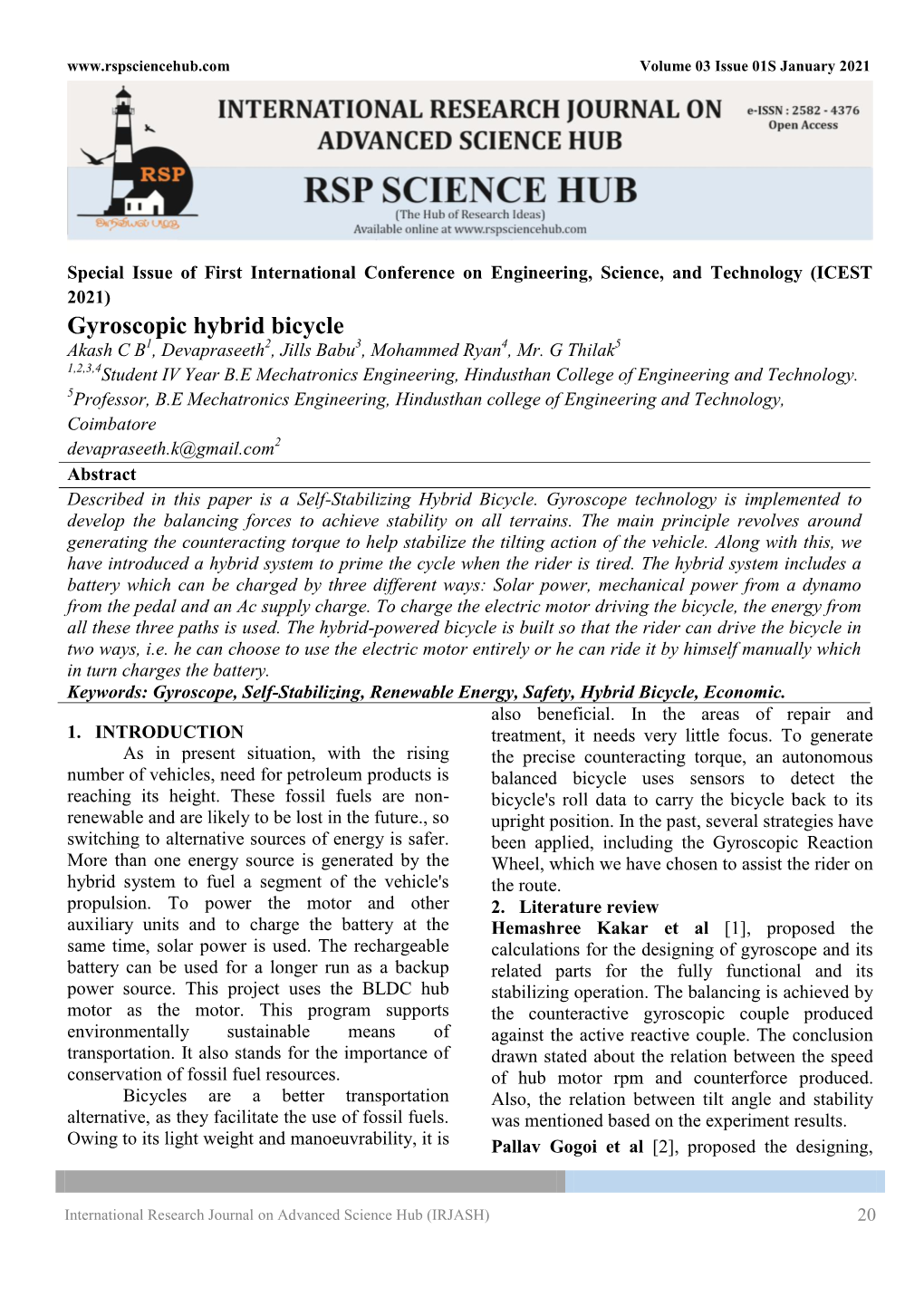Gyroscopic Hybrid Bicycle Akash C B1, Devapraseeth2, Jills Babu3, Mohammed Ryan4, Mr