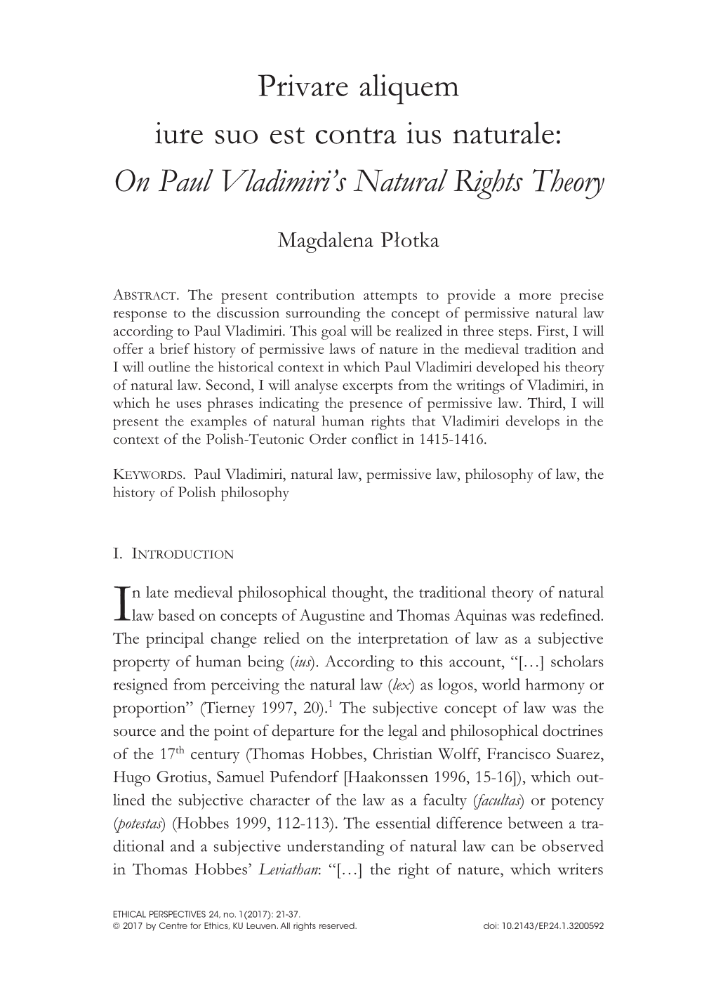 Privare Aliquem Iure Suo Est Contra Ius Naturale: on Paul Vladimiri's Natural Rights Theory