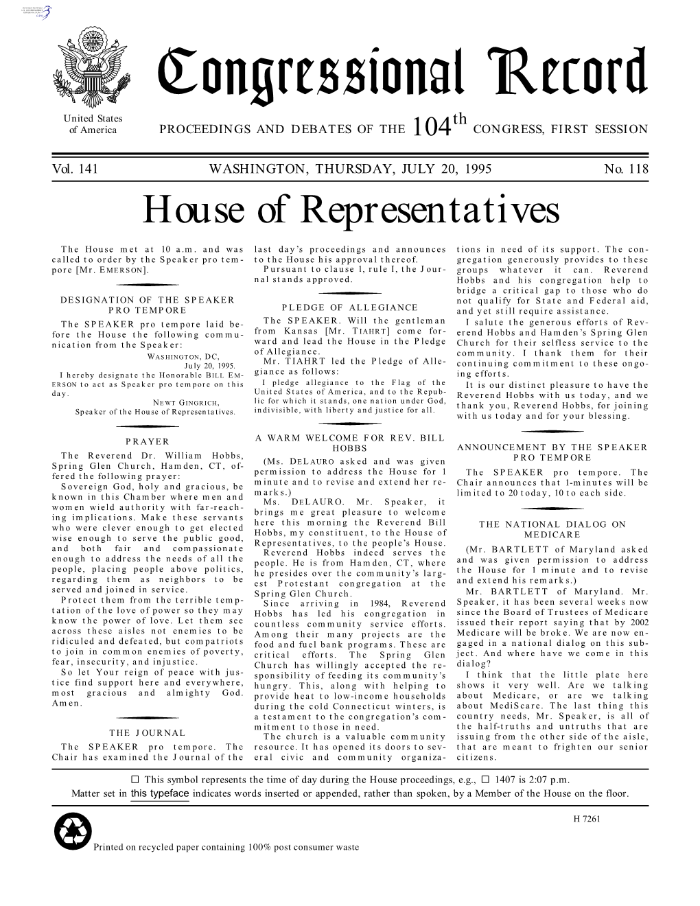 Congressional Record United States Th of America PROCEEDINGS and DEBATES of the 104 CONGRESS, FIRST SESSION