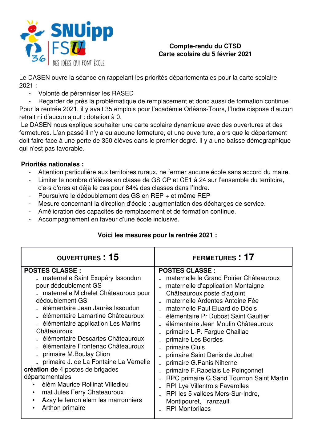 Compte Rendu CTSD Carte Scolaire 5 Février