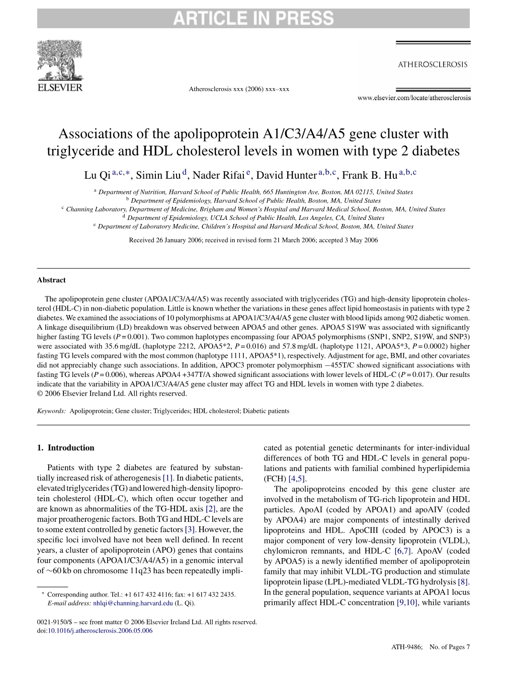 Associations of the Apolipoprotein A1/C3/A4/A5 Gene Cluster with Triglyceride and HDL Cholesterol Levels in Women with Type 2 Diabetes