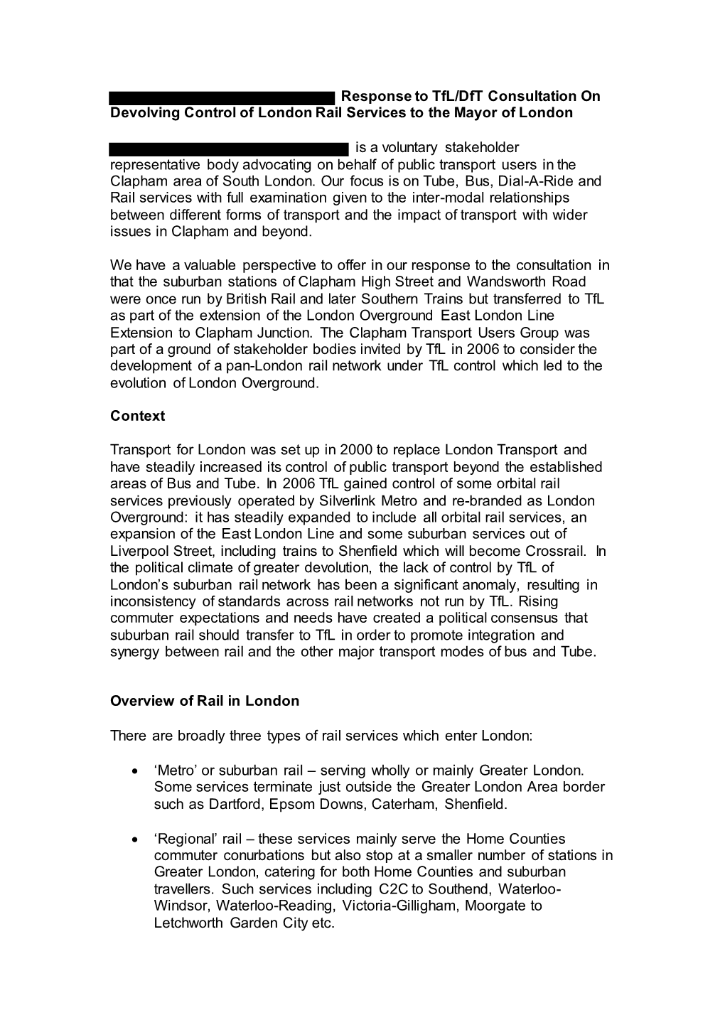 Clapham Transport Users Group Response to Tfl/Dft Consultation