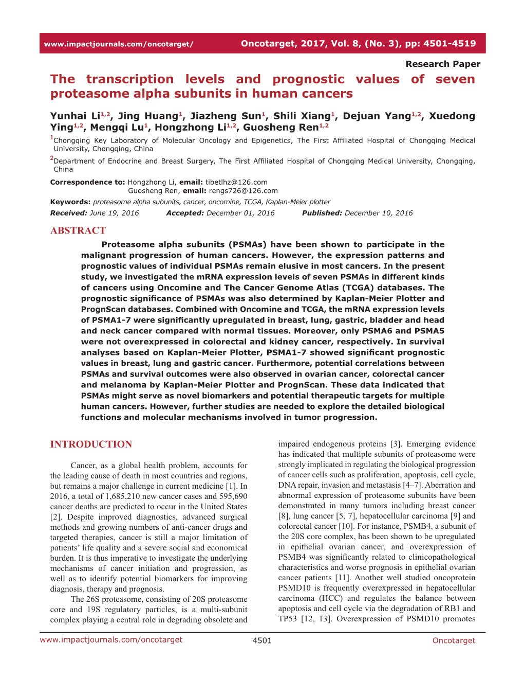 The Transcription Levels and Prognostic Values of Seven Proteasome Alpha Subunits in Human Cancers