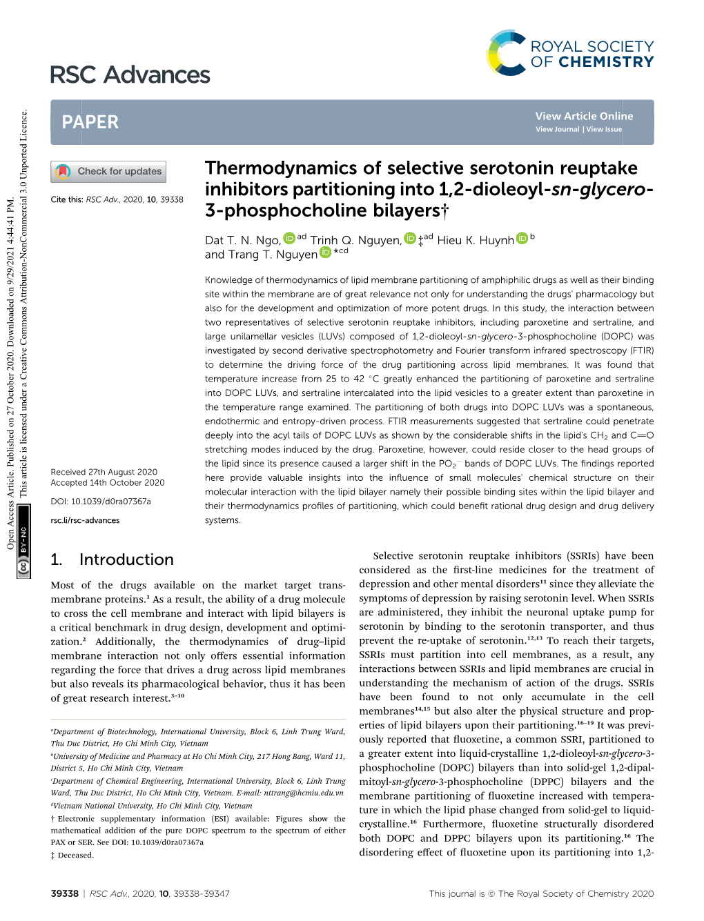 Thermodynamics of Selective Serotonin Reuptake Inhibitors Partitioning Into 1,2-Dioleoyl-Sn-Glycero- Cite This: RSC Adv., 2020, 10,39338 3-Phosphocholine Bilayers†