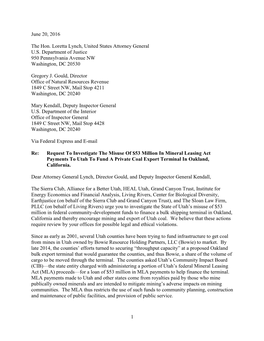 Request to Investigate the Misuse of $53 Million in Mineral Leasing Act Payments to Utah to Fund a Private Coal Export Terminal in Oakland, California