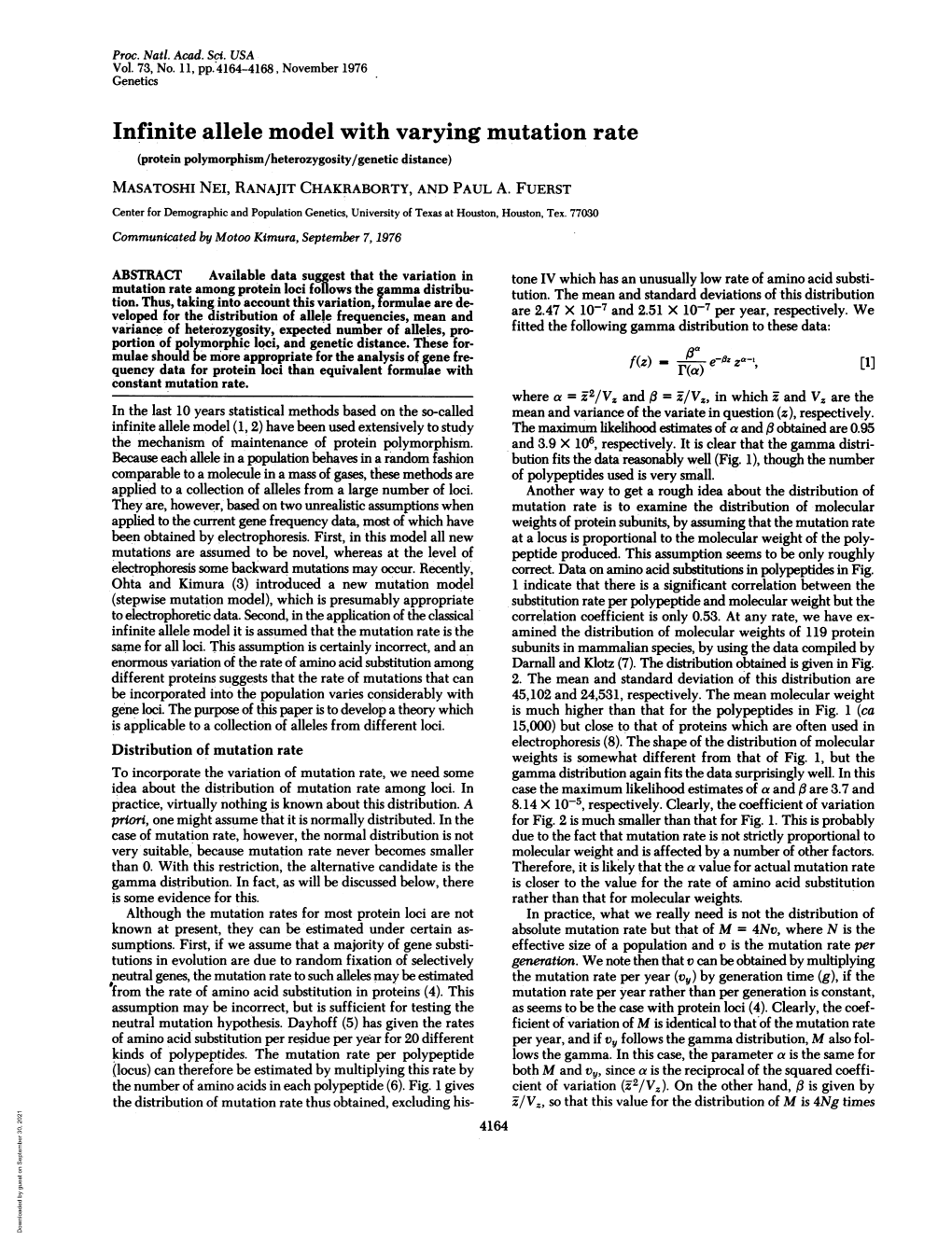 Infinite Allele Model with Varying Mutation Rate (Protein Polymorphism/Heterozygosity/Genetic Distance) MASATOSHI Nei, RANAJIT CHAKRABORTY, and PAUL A