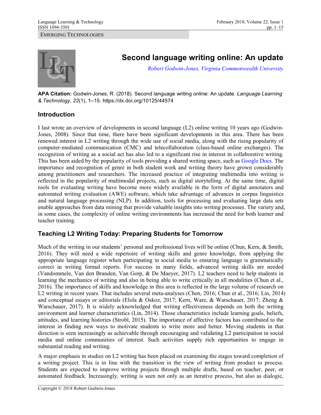 Second Language Writing Online: an Update Robert Godwin-Jones, Virginia Commonwealth University