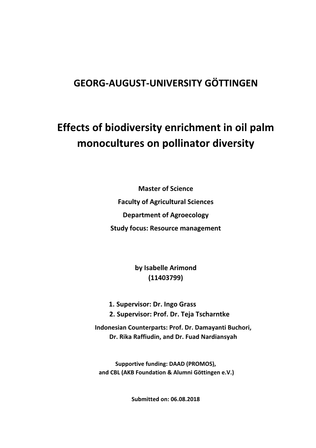 Effects of Biodiversity Enrichment in Oil Palm Monocultures on Pollinator Diversity