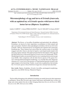 Micromorphology of Egg and Larva of Eristalis Fratercula, with an Updated Key of Eristalis Species with Known Third Instar Larvae (Diptera: Syrphidae)