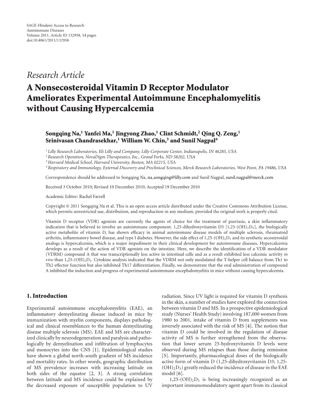 A Nonsecosteroidal Vitamin D Receptor Modulator Ameliorates Experimental Autoimmune Encephalomyelitis Without Causing Hypercalcemia