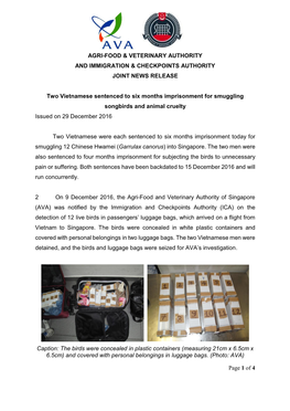 Two Vietnamese Sentenced to Six Months Imprisonment for Smuggling Songbirds and Animal Cruelty Issued on 29 December 2016