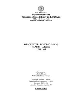 WINCHESTER, JAMES (1752-1826) PAPERS – Addition 1784-1965