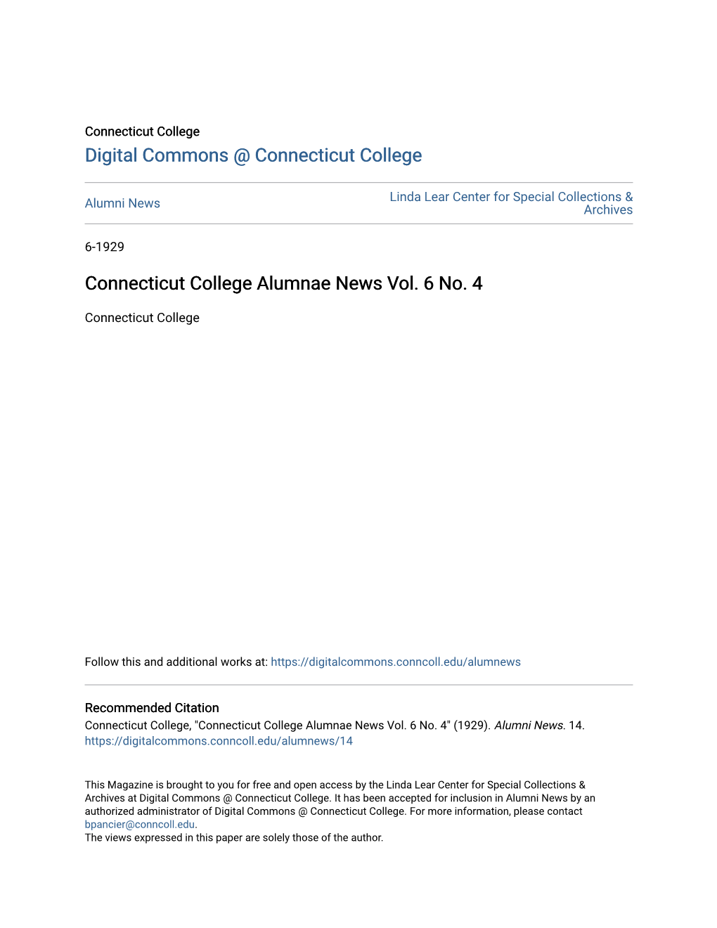 Connecticut College Alumnae News Vol. 6 No. 4