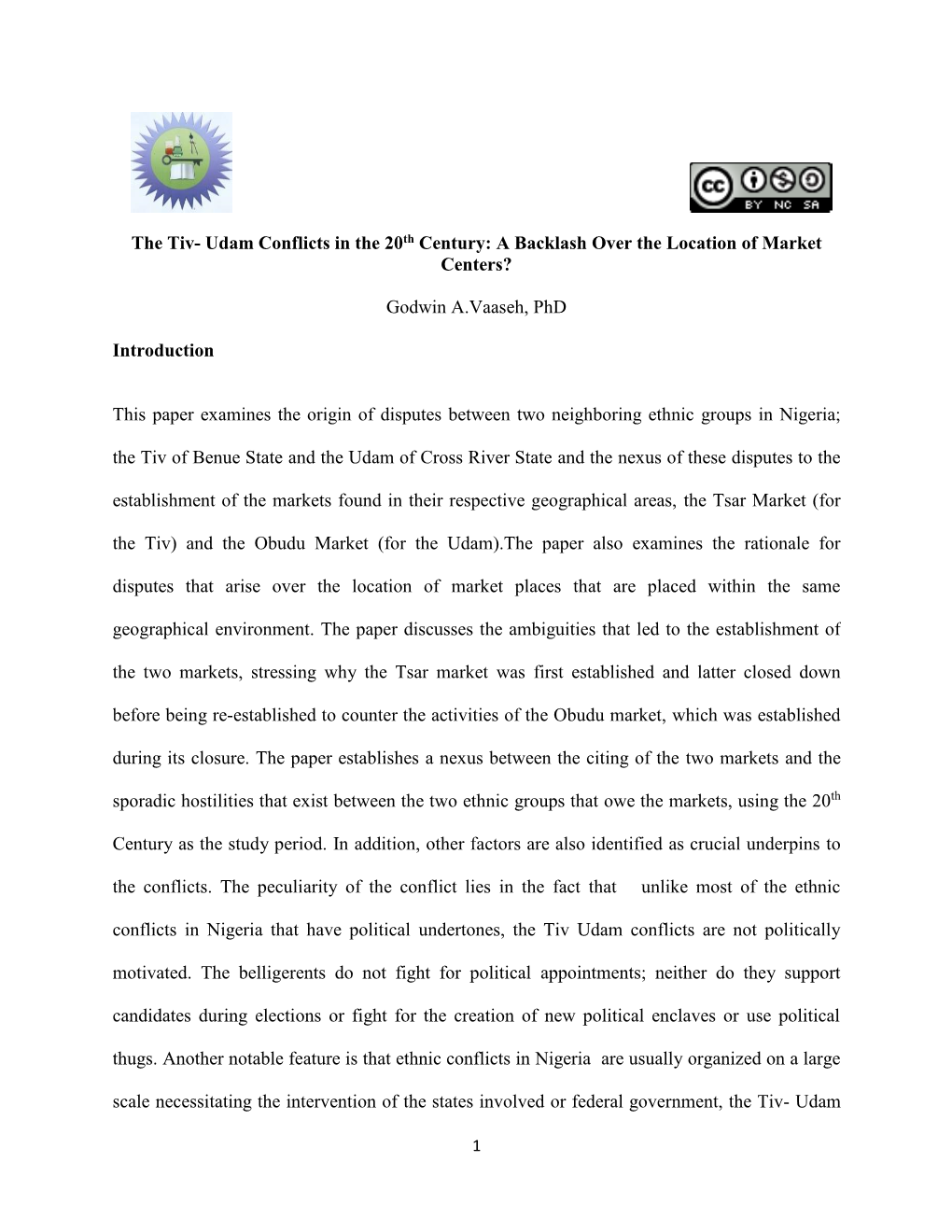 The Tiv- Udam Conflicts in the 20Th Century: a Backlash Over the Location of Market Centers?