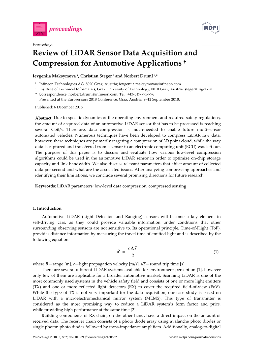 Review of Lidar Sensor Data Acquisition and Compression for Automotive Applications †