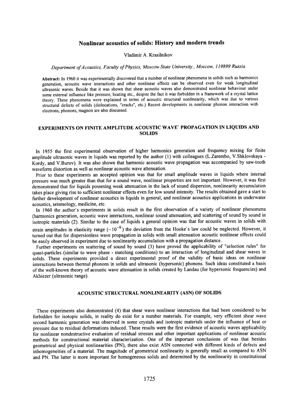 Nonlinear Acoustics of Solids: Histo~ and Modern Trends