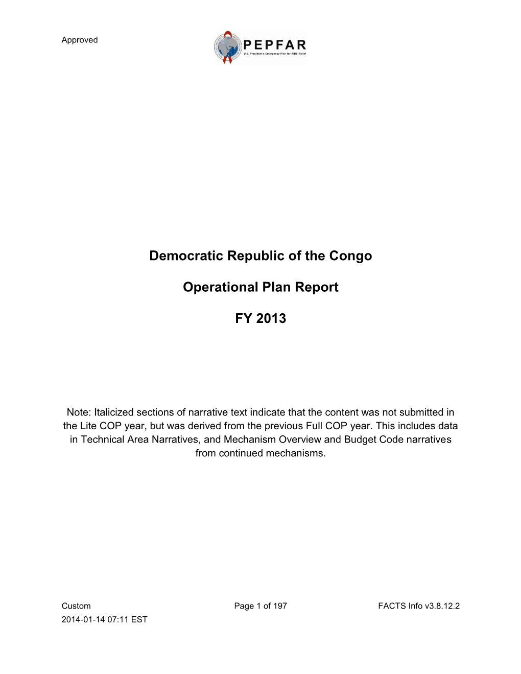 Democratic Republic of the Congo Operational Plan Report FY 2013