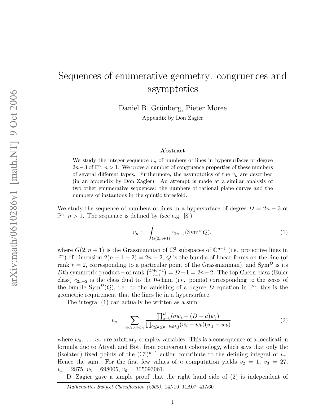 Arxiv:Math/0610286V1 [Math.NT] 9 Oct 2006 Sequences of Enumerative