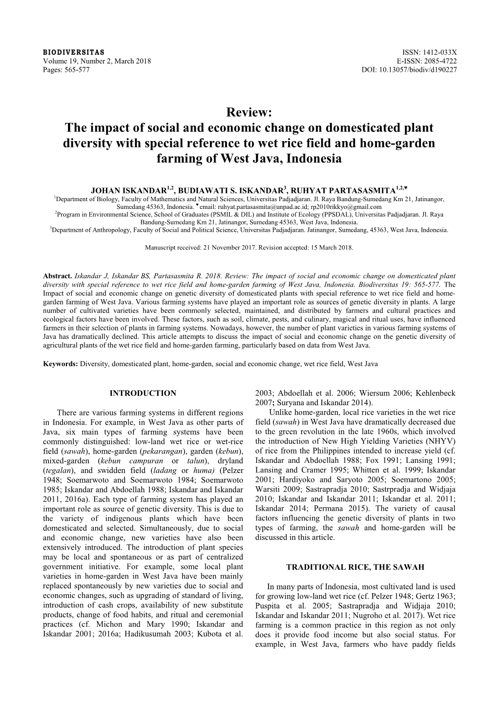 The Impact of Social and Economic Change on Domesticated Plant Diversity with Special Reference to Wet Rice Field and Home-Garden Farming of West Java, Indonesia