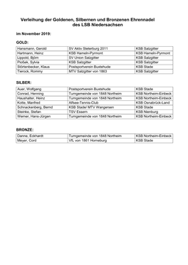 Verleihung Der Goldenen, Silbernen Und Bronzenen Ehrennadel Des LSB Niedersachsen Im November 2019