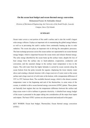 On the Ocean Heat Budget and Ocean Thermal Energy Conversion Mohammed Faizal, M