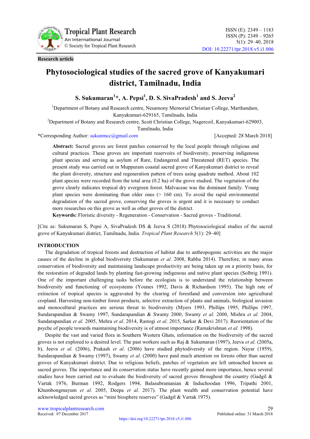 Phytosociological Studies of the Sacred Grove of Kanyakumari District, Tamilnadu, India