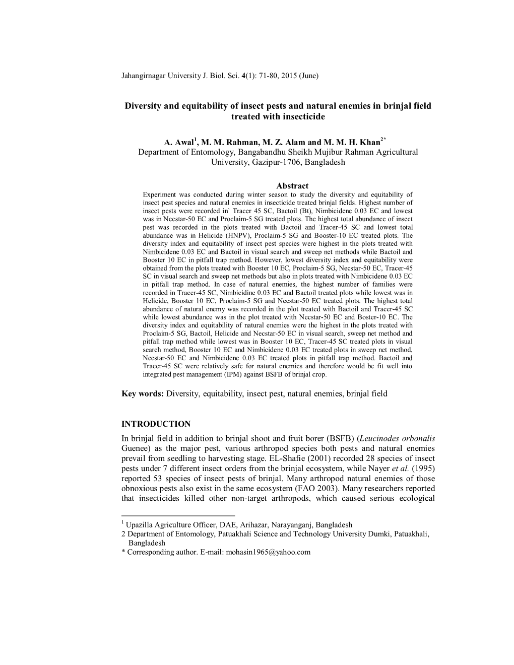 Diversity and Equitability of Insect Pests and Natural Enemies in Brinjal Field Treated with Insecticide