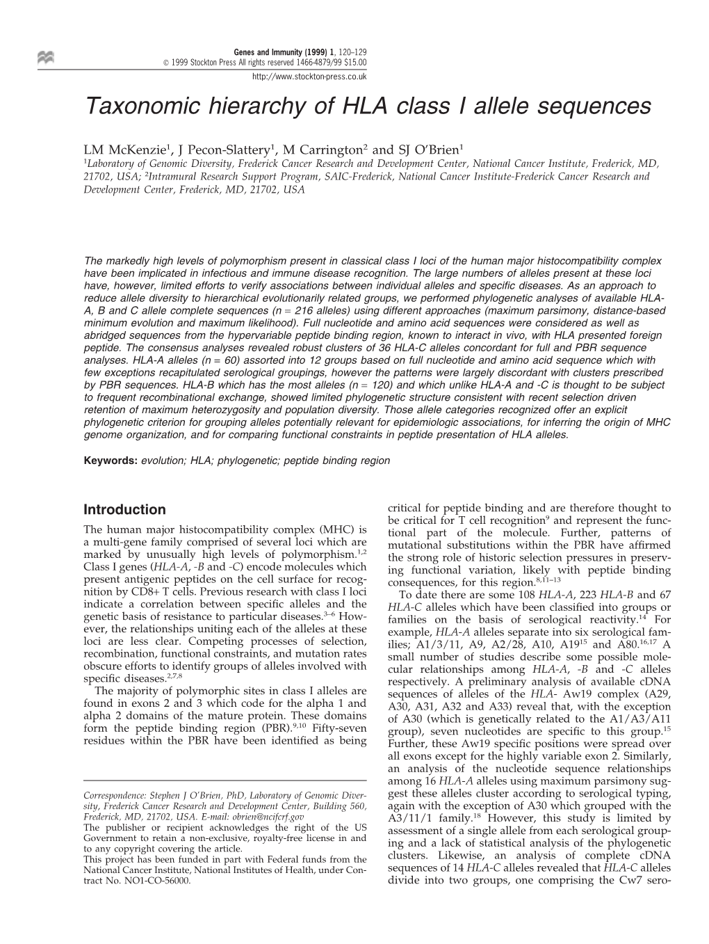 Taxonomic Hierarchy of HLA Class I Allele Sequences