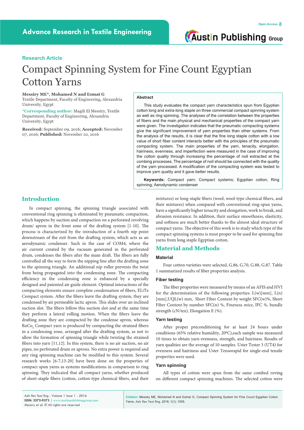 Compact Spinning System for Fine Count Egyptian Cotton Yarns