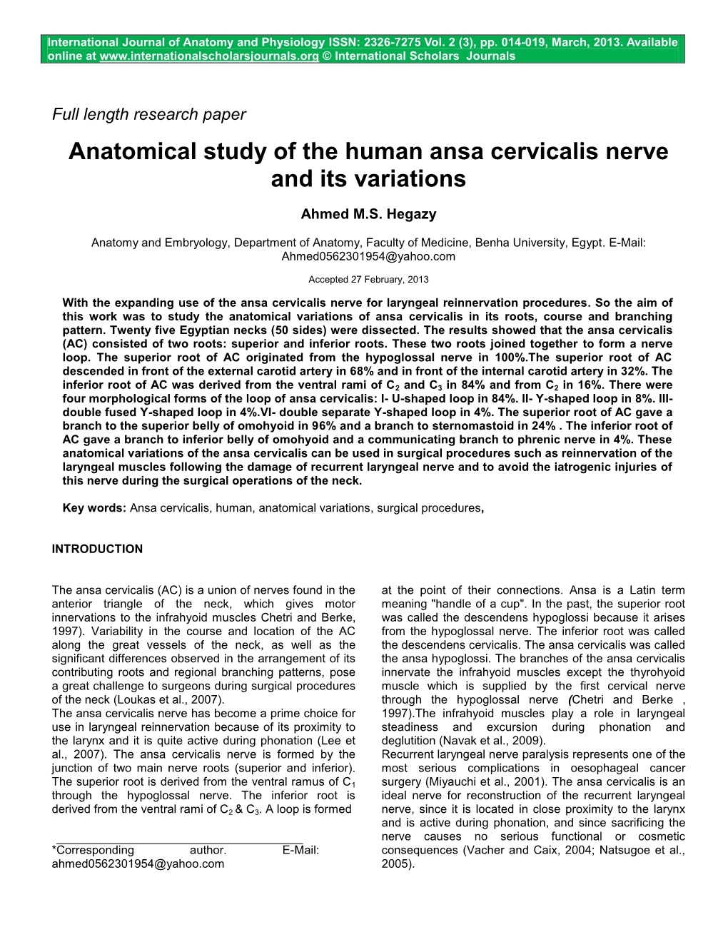 Anatomical Study of the Human Ansa Cervicalis Nerve and Its Variations