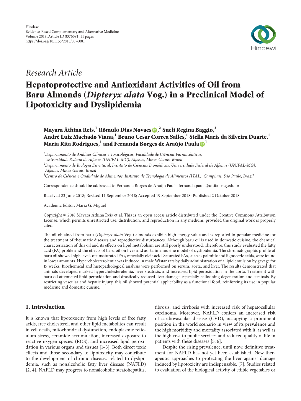 Hepatoprotective and Antioxidant Activities of Oil from Baru Almonds (Dipteryx Alata Vog.) in a Preclinical Model of Lipotoxicity and Dyslipidemia