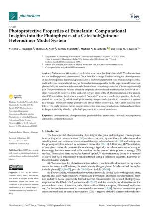 Photoprotective Properties of Eumelanin: Computational Insights Into the Photophysics of a Catechol:Quinone Heterodimer Model System