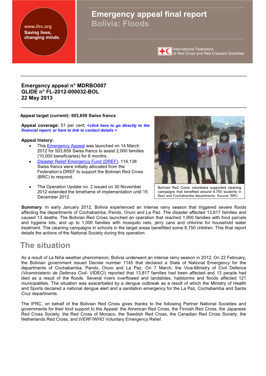 The Situation Emergency Appeal Final Report Bolivia: Floods