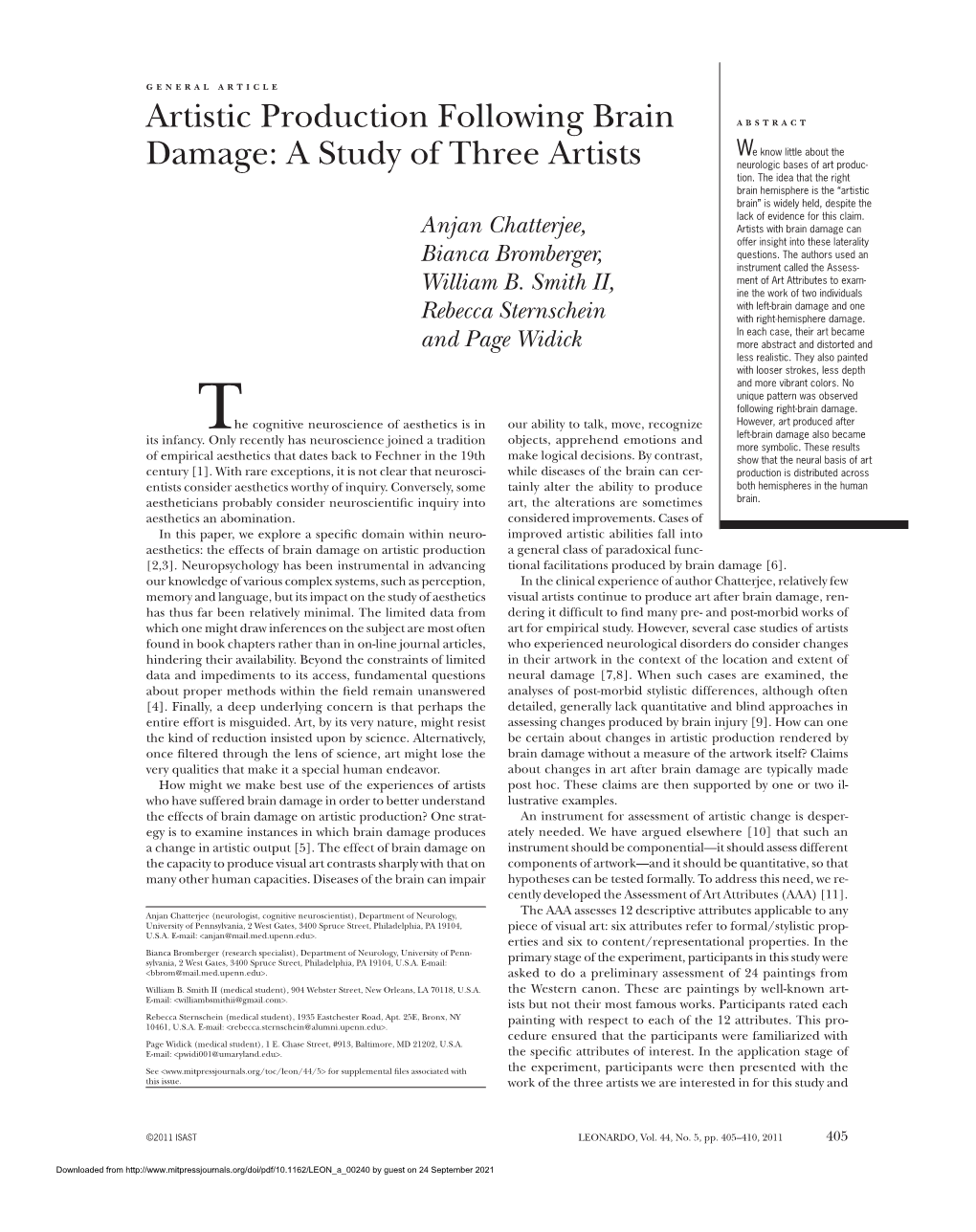 Artistic Production Following Brain Damage: a Study of Three Artists