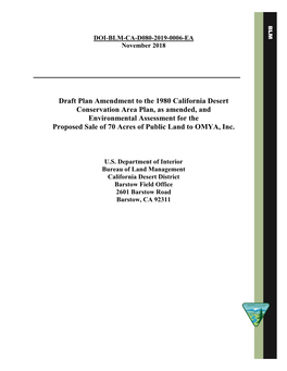Draft Plan Amendment to the 1980 California Desert Conservation Area Plan, As Amended, and Environmental Assessment for the P