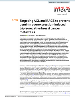 Targeting AXL and RAGE to Prevent Geminin Overexpression-Induced Triple-Negative Breast Cancer Metastasis Daniel Ryan 1, Jim Koziol2 & Wael M