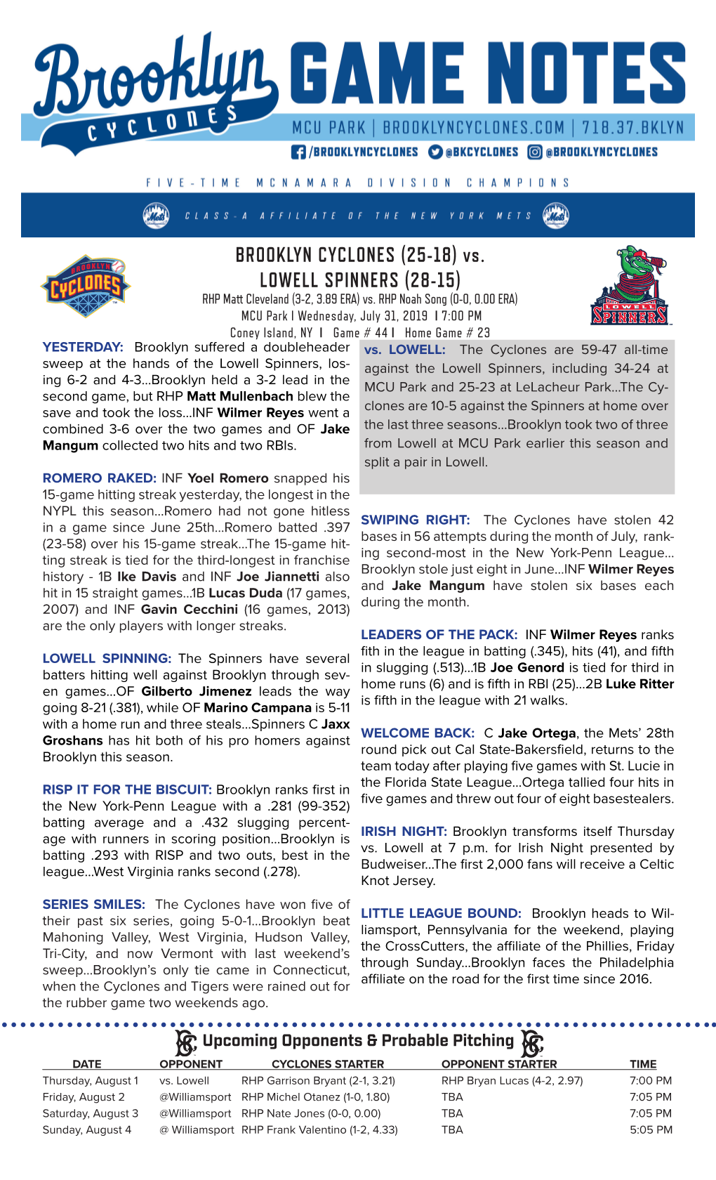 BROOKLYN CYCLONES (25-18) Vs. LOWELL SPINNERS (28-15) RHP Matt Cleveland (3-2, 3.89 ERA) Vs