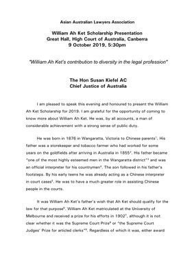 William Ah Ket Scholarship Presentation Great Hall, High Court of Australia, Canberra 9 October 2019, 5:30Pm