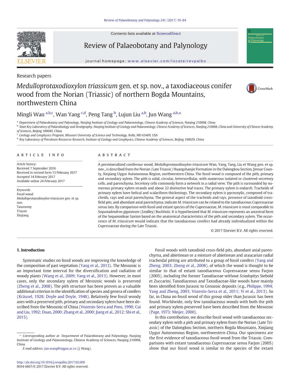 Medulloprotaxodioxylon Triassicum Gen. Et Sp. Nov., a Taxodiaceous Conifer Wood from the Norian (Triassic) of Northern Bogda Mountains, Northwestern China