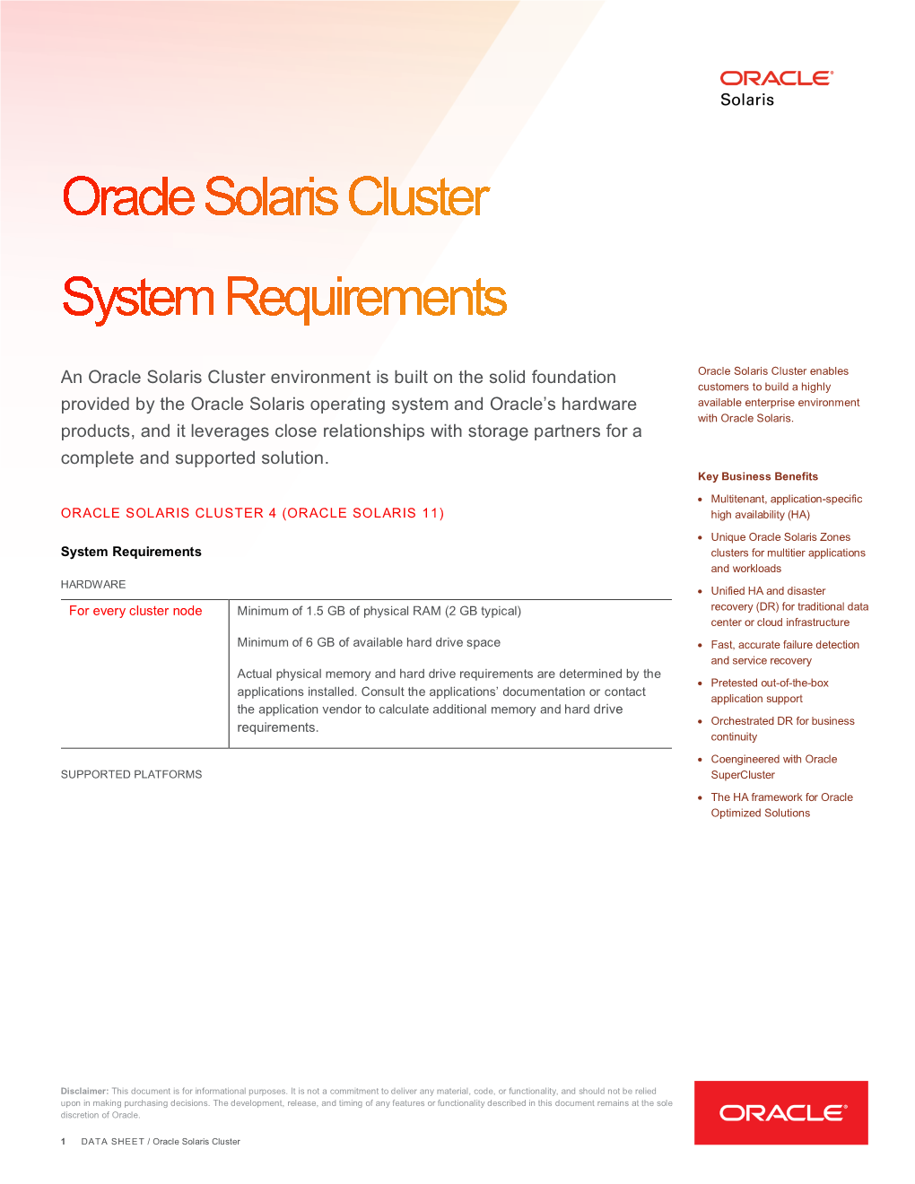 Oracle Solaris Cluster System Requirements