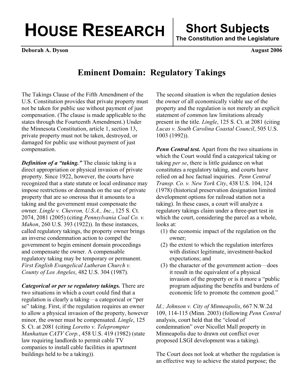 Eminent Domain: Regulatory Takings