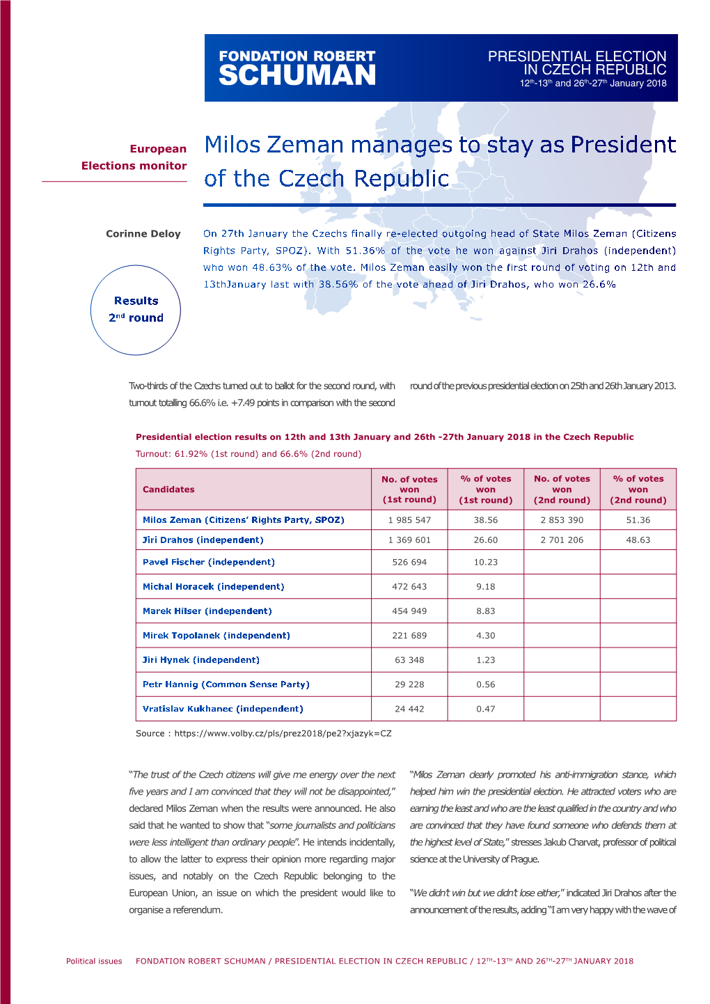 PRESIDENTIAL ELECTION in CZECH REPUBLIC 12Th-13Th and 26Th-27Th January 2018