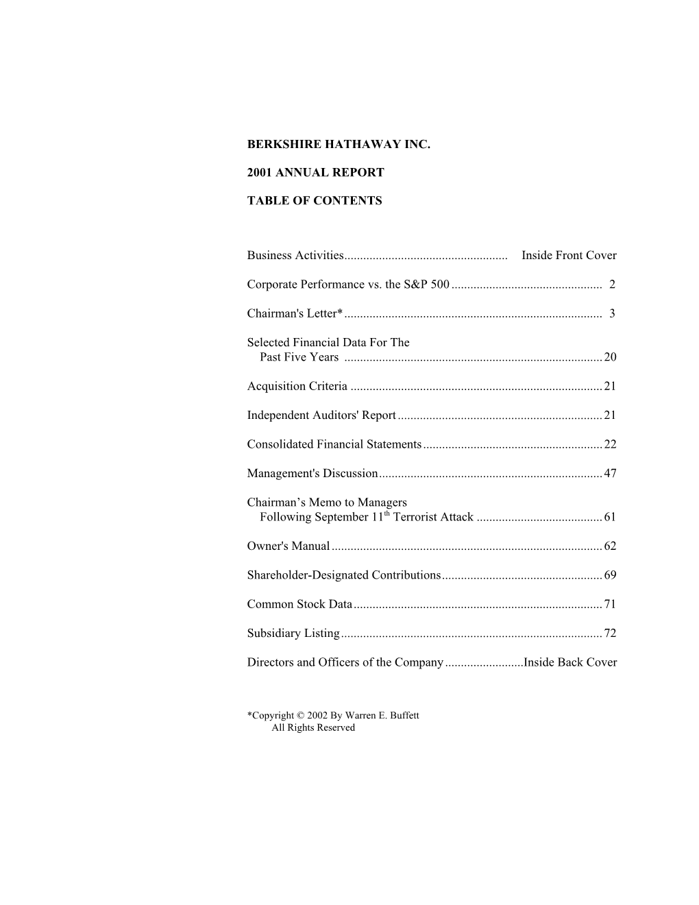 Berkshire Hathaway Inc. 2001 Annual Report Table Of